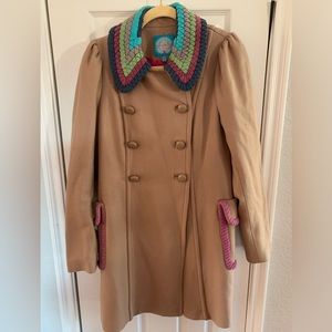 Plenty by Tracy Reese Ladies Tan Trench Coat Jacket with Colorful Collar Size 8